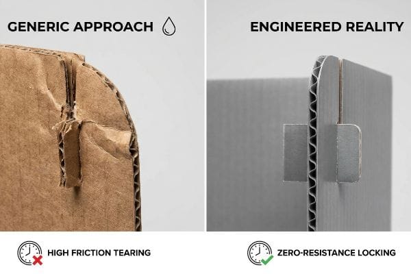 Torn B-flute ('Generic Approach', 'High Friction Tearing') versus clean polymer-coated E-flute ('Engineered Reality', 'Zero-Resistance Locking').