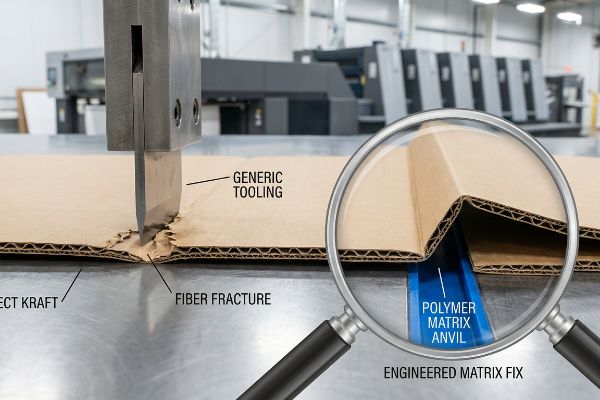 Direct Kraft corrugated board displays Generic Tooling causing Fiber Fracture, contrasted by a clean fold from an Engineered Matrix Fix using a Polymer Matrix Anvil.