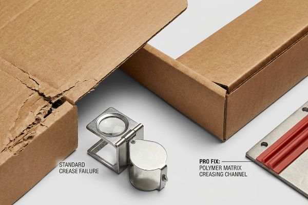 Damaged cardboard box showing Standard Crease Failure, contrasted with a Polymer Matrix Creasing Channel and magnifiers.