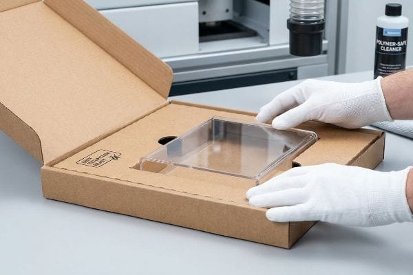 Hands in white gloves carefully place a clear acrylic tray into a custom corrugated box, with a 'Polymer-Safe Cleaner' bottle nearby.
