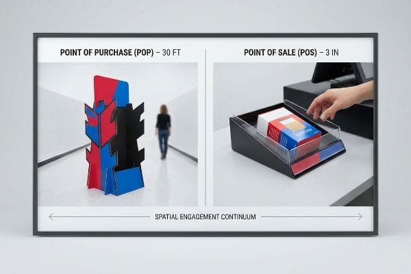 Spatial Engagement Continuum: Point Of Purchase (POP) 30 FT display and Point Of Sale (POS) 3 IN checkout.