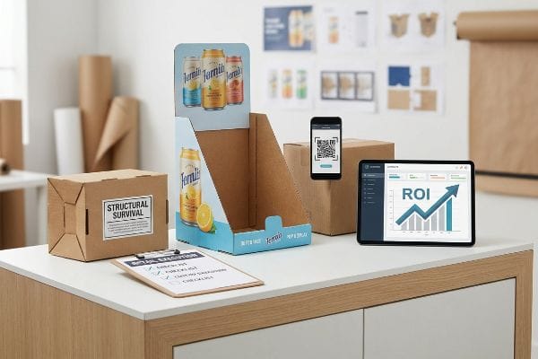 Un aménagement d'environnement de vente au détail comprenant un présentoir en carton ondulé Fernlio, une boîte en carton « Survie structurelle », un bloc-notes pour l'exécution en magasin, un smartphone avec un code QR et une tablette affichant un graphique de retour sur investissement.