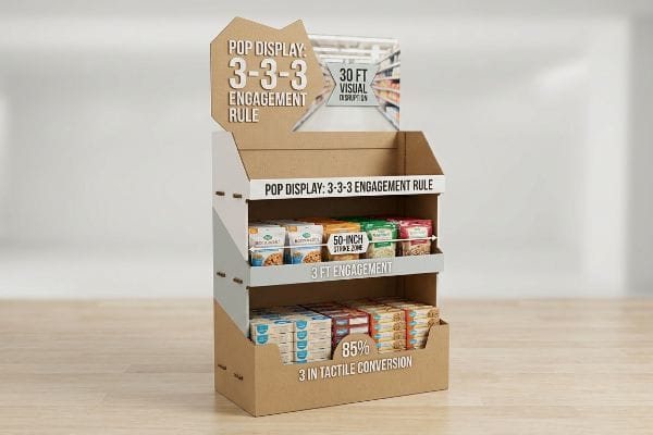 Corrugated POP display illustrating the 3-3-3 Engagement Rule, featuring 30 Ft Visual Disruption, 50-Inch Strike Zone, and 85% 3 In Tactile Conversion.