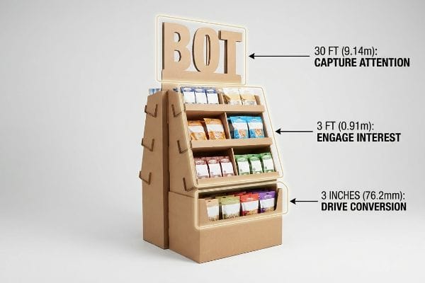 Présentoir PLV en carton ondulé illustrant la règle d'engagement spatial 3-3-3, avec un bandeau « Bot », des étagères inclinées et des bacs de produits pour la conversion.