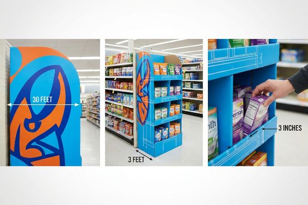 Blue and orange corrugated point-of-purchase display in a retail aisle, demonstrating the 3-3-3 rule: 30 Feet visual, 3 Feet engagement, 3 Inches product access.