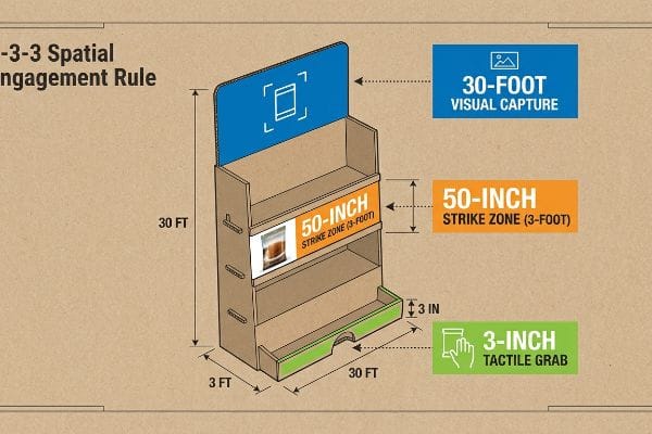 Cardboard retail display illustrating the 3-3-3 Spatial Engagement Rule, detailing 30-Foot Visual Capture, 50-Inch Strike Zone (3-Foot), and 3-Inch Tactile Grab zones.