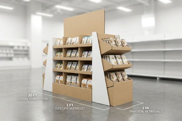 Cardboard POP display shows 3-3-3 Spatial Engagement: 30 Ft Visual Disruption, 3 Ft Specific Interest, 3 In Physical Retrieval.