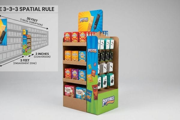 Cardboard POP display with Snackles and POPSHICE branding, illustrating the 3-3-3 Spatial Rule for retail engagement.