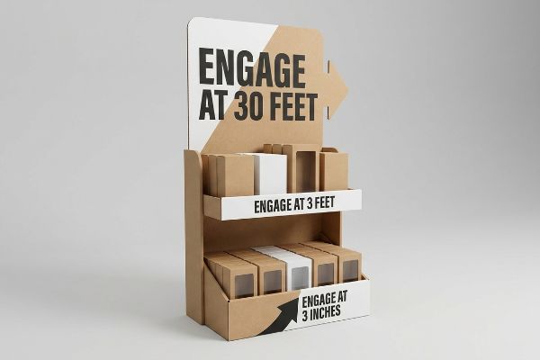 Kraft cardboard POP display featuring 'Engage At 30 Feet', 'Engage At 3 Feet', 'Engage At 3 Inches' text, demonstrating the 3-3-3 spatial engagement framework.
