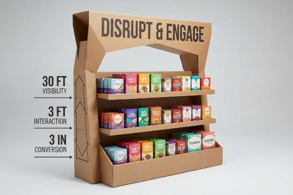 Brown corrugated cardboard POP display featuring 'Disrupt & Engage' banner and '30 Ft Visibility, 3 Ft Interaction, 3 In Conversion' metrics.