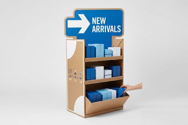 Brown cardboard POP display with 'New Arrivals' header, blue and white boxes, and 30 Ft, 3 Ft, 3 In engagement graphics.
