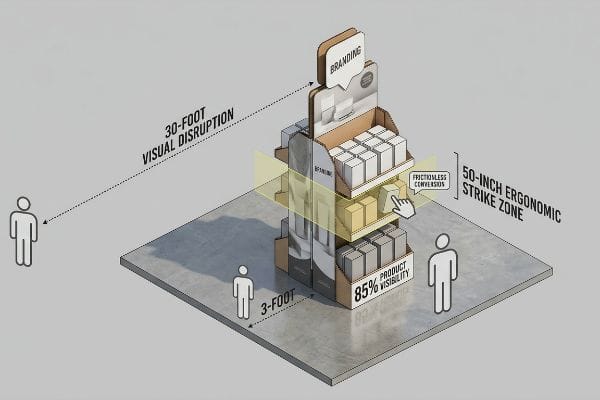 Schéma d'un présentoir PLV en carton illustrant une perturbation visuelle de 9 mètres, une zone de frappe ergonomique de 127 cm, une visibilité du produit de 85 % et une conversion sans friction pour le commerce de détail.