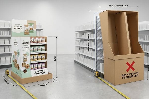 A compliant Point-of-Purchase display for Packaged Gronhies, 48x40 inches, contrasts with a non-compliant discarded unit exceeding aisle clearance limits, emphasizing retail spatial compliance.