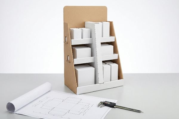 A brown cardboard POP display stand holds white boxes, with a packaging blueprint and digital caliper on a grey desk.