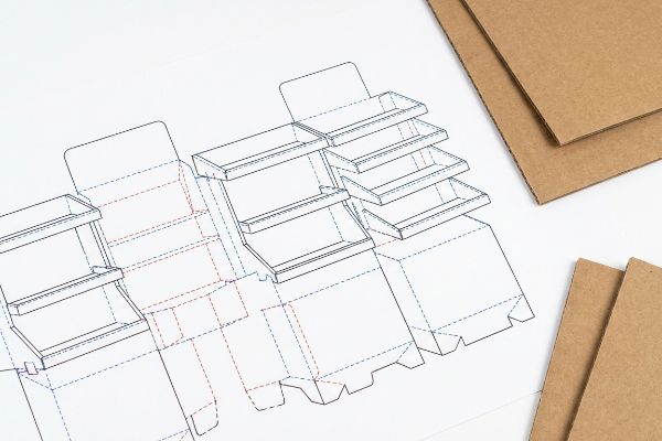 A detailed blueprint for a cardboard POP display, showing die-cut lines and folds, alongside stacks of brown corrugated sheets.