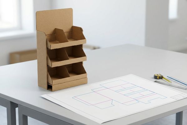 Designing a brown corrugated cardboard POP display, with its die-cut blueprint and measuring tools on a grey table.