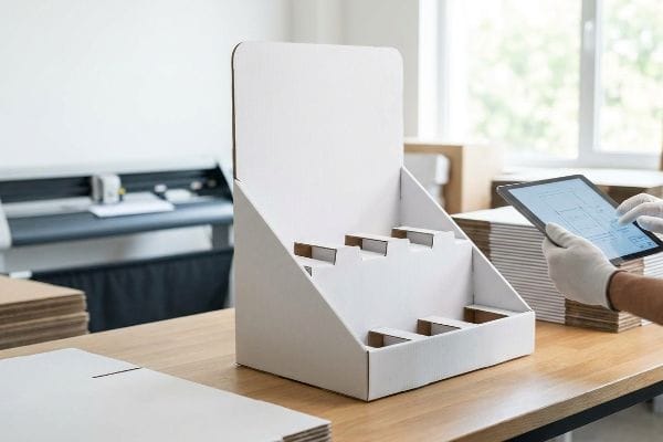 A person reviews a digital blueprint for a custom white corrugated point-of-purchase display.