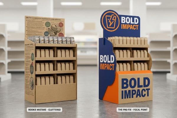 Cardboard POP displays contrasting 'Rookie Mistake - Cluttered' with 'The Pro Fix - Focal Point' 'Bold Impact' design.