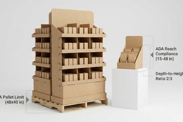 Natural kraft cardboard POP displays illustrate retail compliance, featuring a floor-standing merchandiser on a 48x40 inch pallet and a countertop unit with ADA Reach Compliance (15-48 in) and a 2:3 Depth-to-Height Ratio.