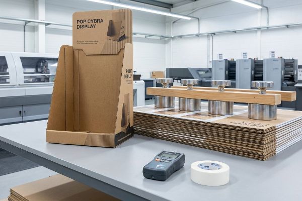 Brown corrugated Pop Cybra Display and a stack of litho-laminated boards under dead-weight pressure cure, with a moisture meter.