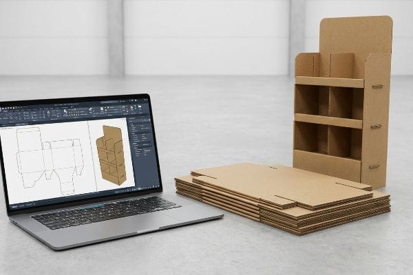 Laptop shows POP display packaging design software, next to flat-packed and assembled brown corrugated merchandisers.