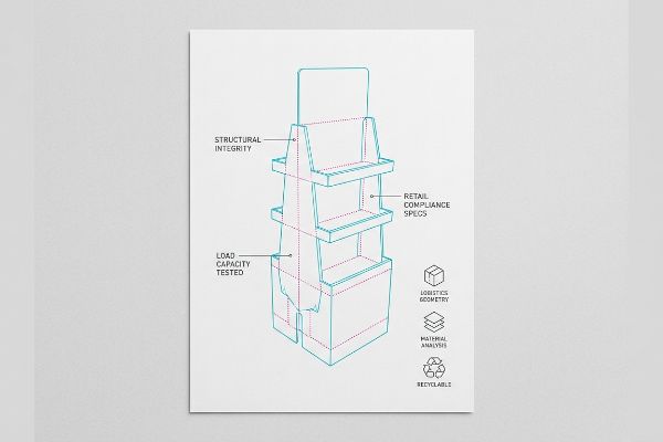 A technical drawing outlines a three-tier POP display, detailing Structural Integrity, Load Capacity Tested, Retail Compliance Specs, Logistics Geometry, Material Analysis, and Recyclable aspects.