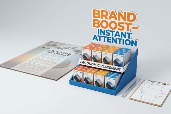 Présentoir PLV bleu avec en-tête « Boostez votre marque - Attirez l'attention instantanément », panneau « Placement ergonomique » et boîtes de produits.
