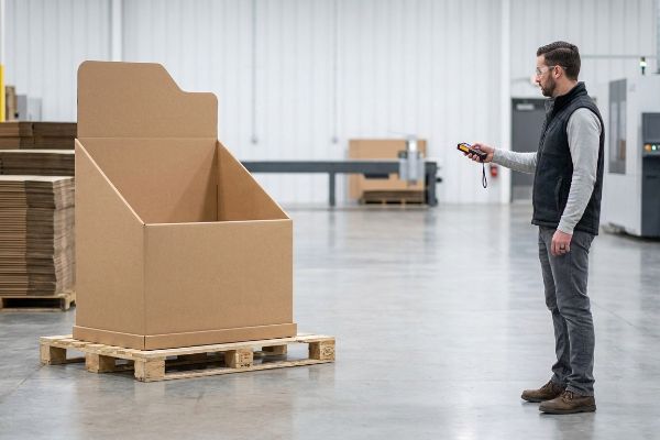 Brown corrugated cardboard POP display prototype on a wooden pallet, measured by a structural engineer with a distance meter in a factory.