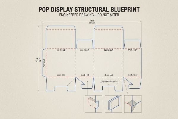 Pop Display Structural Blueprint with fold lines, cut lines, glue tabs, and a load-bearing base, measuring 48 in (121 cm).