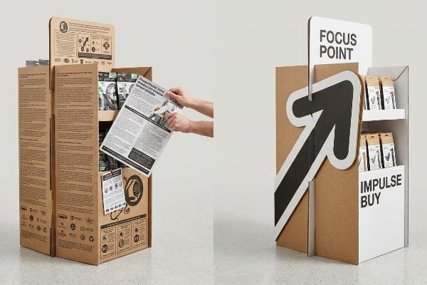 Brown corrugated Point of Purchase display with extensive marketing text, a person's hands tearing a dense promotional flyer, and black packaged products.