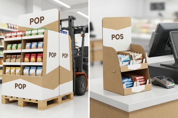 Multi-tiered cardboard Pop display on a GMA wooden pallet in a supermarket aisle, stocked with packaged snacks, near a forklift.