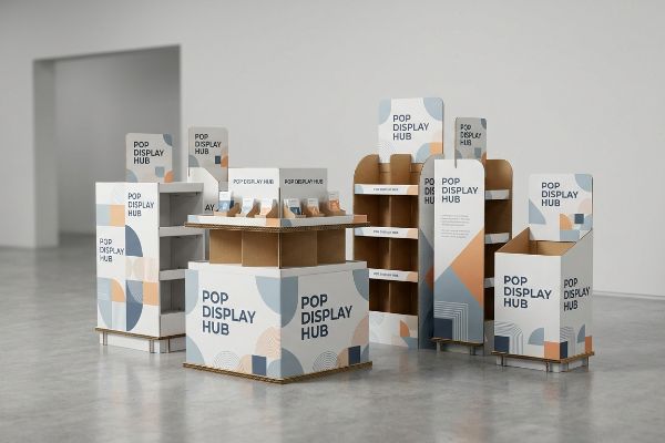 Various Pop Display Hub cardboard retail displays with geometric patterns in blue, orange, and gray, showcasing custom point-of-purchase solutions.