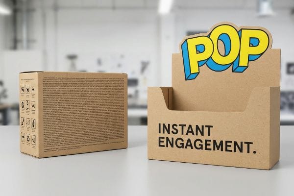 Présentoir PLV en carton ondulé kraft naturel avec un effet 3D jaune et bleu