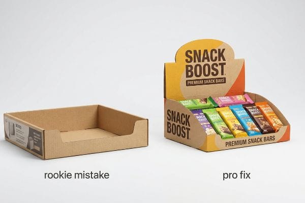 Présentoirs en carton brun contrastant « erreur de débutant » et « solution de pro » pour les barres de céréales premium Snack Boost, mettant en valeur le rebord avant bas.