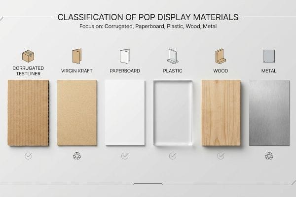 An infographic classifying POP display materials, featuring samples of Corrugated Testliner, Virgin Kraft, Paperboard, Plastic, Wood, and Metal.