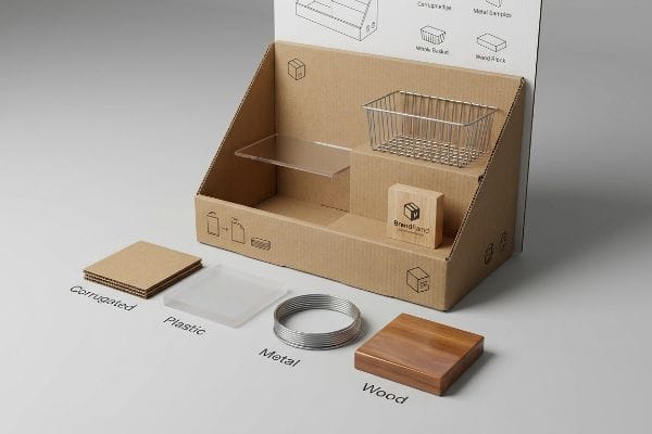 Une photo prise en studio présente divers échantillons de matériaux PLV, notamment du carton ondulé, du plastique, du métal et du bois, à côté d'un présentoir en carton BrandLand avec un panier en fil de fer.