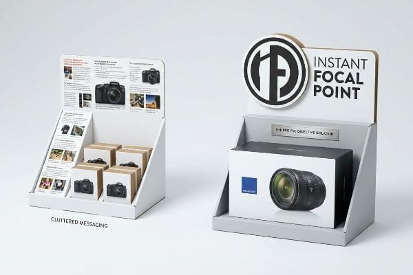 Two contrasting POP displays: a cluttered camera display versus a clear Instant Focal Point lens display with The Pro Fix Objective Isolation.