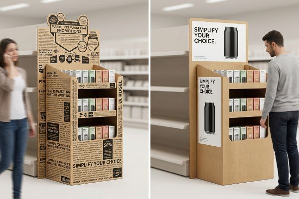 Corrugated cardboard POP display contrasting dense 'Marketing Marketing Promotions' text with a simplified 'Simplify Your Choice' design.