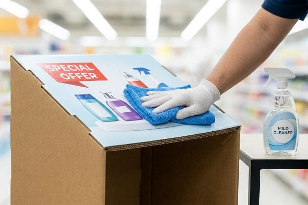 A gloved hand cleans a cardboard POP display featuring a 
