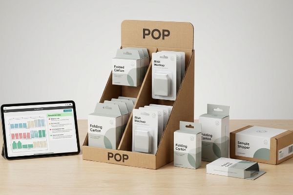 A retail merchandising setup featuring a cardboard Pop display with Folding Carton and Blisk Mockup packages, plus a Sample Shipper and tablet.