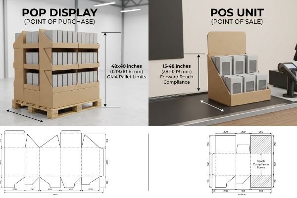 Corrugated cardboard POP Display (Point of Purchase) on a wooden pallet, showing 48x40 inches (1219x1016 mm) GMA Pallet Limits, alongside its detailed die-cut blueprint.
