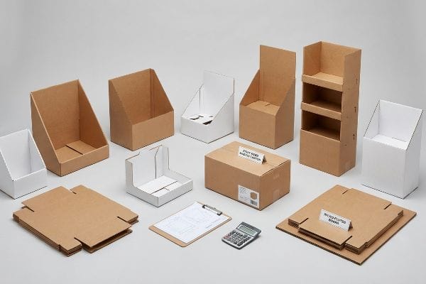 Disposés sur un fond clair, divers présentoirs PLV en carton, du carton micro-cannelé livré à plat et une boîte en carton standard, avec un bloc-notes et une calculatrice.