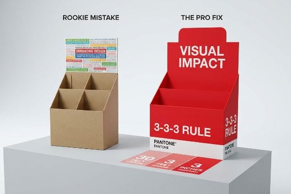 Brown cardboard 'Rookie Mistake' display with dense text contrasts with a red 'The Pro Fix' visual merchandising display featuring 'Visual Impact', '3-3-3 Rule', 'Pantone', and the '30 Feet, 3 Feet, 3 Inches' spatial continuum.