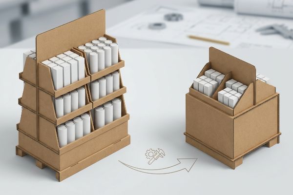 Corrugated cardboard floor display transforming into a smaller counter unit, highlighting 'shrink-to-fit' design challenges.