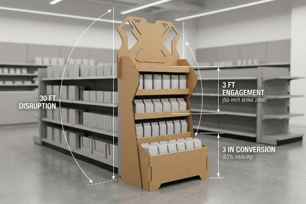 Corrugated cardboard POP display showing 3-3-3 Rule: 30-foot disruption, 3-foot engagement (50-inch strike zone), 3-inch conversion.
