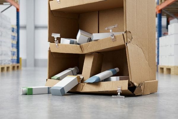 Collapsing corrugated cardboard POP display spilling products on a warehouse floor, showing structural instability.