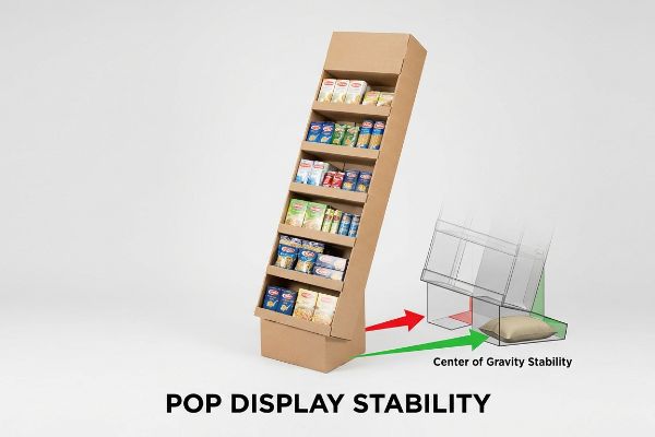 Brown corrugated cardboard POP display with products, showing Center of Gravity Stability using a transparent diagram and arrows.