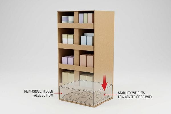 A cardboard point-of-purchase display shows a Reinforced, Hidden False Bottom with Stability Weights Low Center of Gravity, enhancing stability.