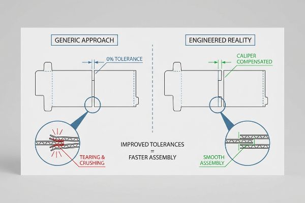 A diagram shows Generic Approach's 0% Tolerance causing Tearing & Crushing, contrasted with Engineered Reality's Caliper Compensated design ensuring Smooth Assembly and Faster Assembly.