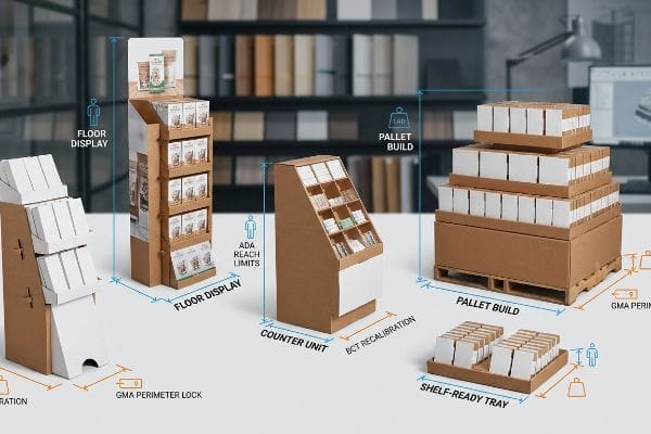 Corrugated cardboard POP displays: Floor Display, Counter Unit, Pallet Build, and Shelf-Ready Tray, highlighting ADA Reach Limits, BCT Recalibration, and GMA Perimeter Lock.